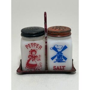 Vintage McKee Milk Glass Salt Pepper Shakers Dutch Girl Windmill Red Caddy Set